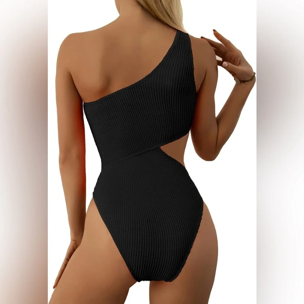 Limeeke One Piece Swimsuit for Women One Shoulder Bathing Suit Ribbed Monokini - Picture 2 of 6